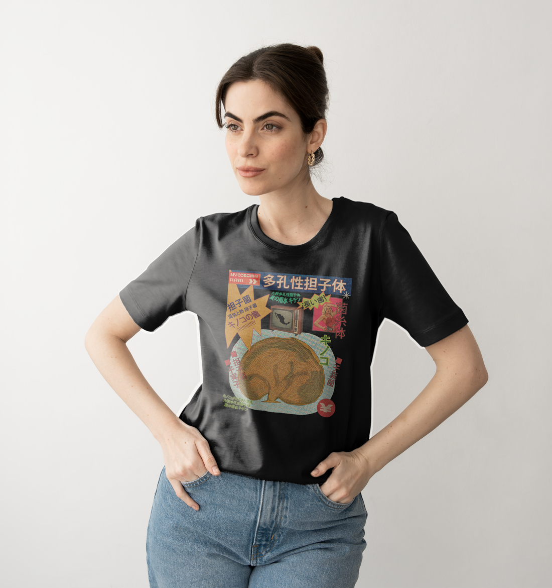 Mycobonia flava mushroom t-shirt illustrated in retro Japanese style for women